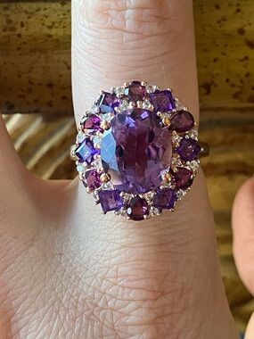 Natural Rose De France Amethyst Garnet Sterling Silver Cocktail Ring Size 7